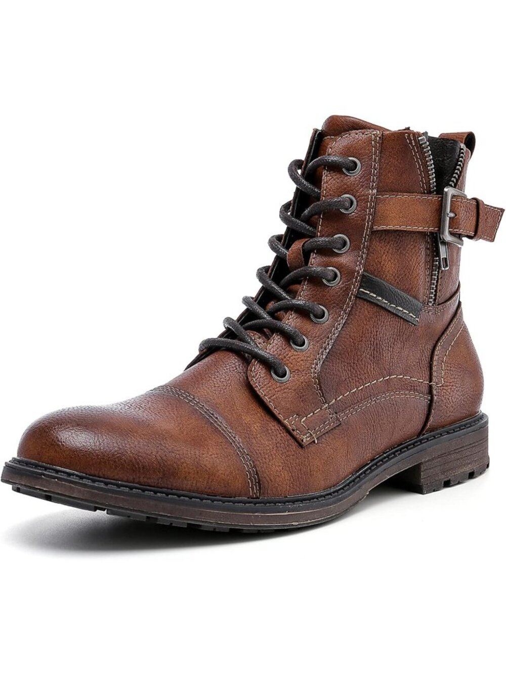 Men's Brown Oxford Boots Buckle Casual Men Boots Lace-Up Side Zipper